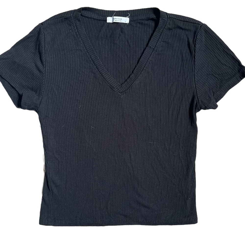 ACTIVE BASIC BLACK RIBBED V NECK CROPPED SHORT SLEEVE TSHIRT SIZE SMALL